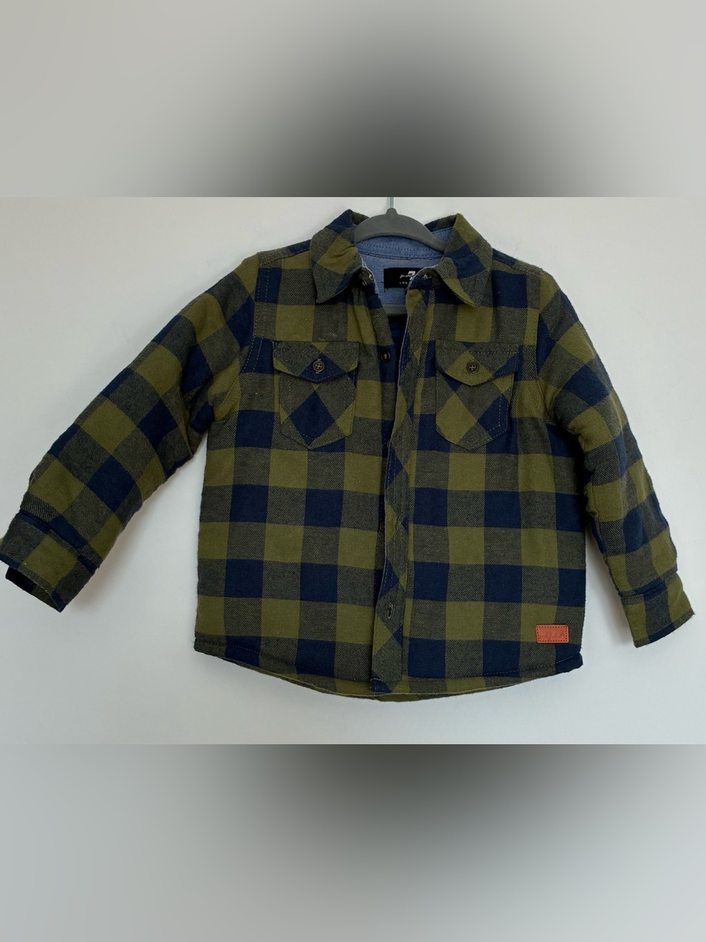 7 For all Mankind Kids Plaid Quilted Lined Flannel Shirt Jacket Olive & Navy 24M